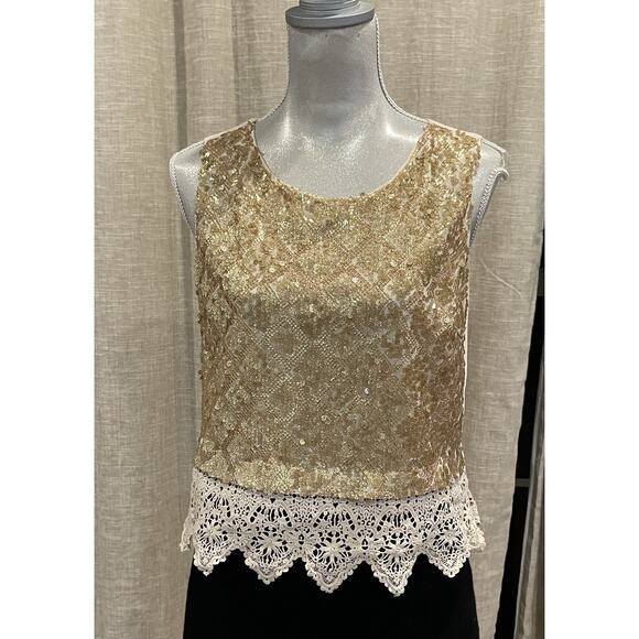 Astr Tops - ASTR The Label Gold Cropped Sequin Crocheted Hem Tank Top Eras Tour Outfit Sz S